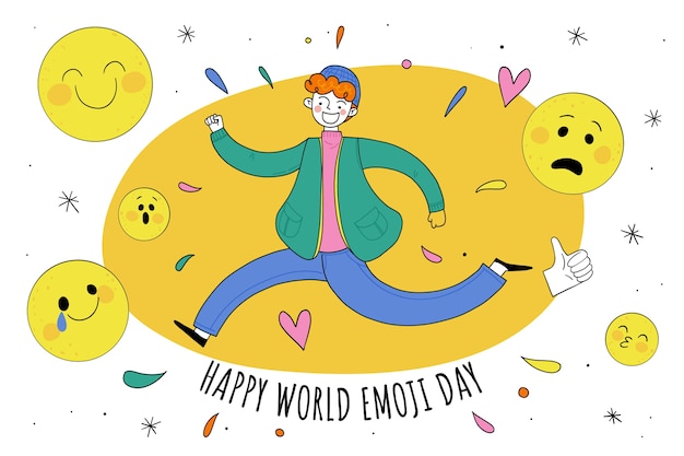 Vetor grátis fundo do dia mundial emoji desenhado à mão com pessoa correndo