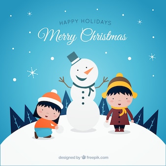 Fundo do feliz natal com boneco de neve e as crianças