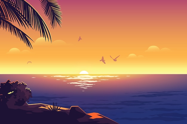 Fundo do pôr do sol tropical desenhado à mão