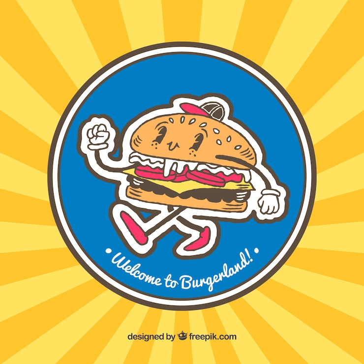 Vetor grátis fundo do sunburst com caráter feliz do hamburguer