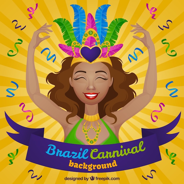 Fundo do sunburst com mulher alegre para o carnaval brasileiro