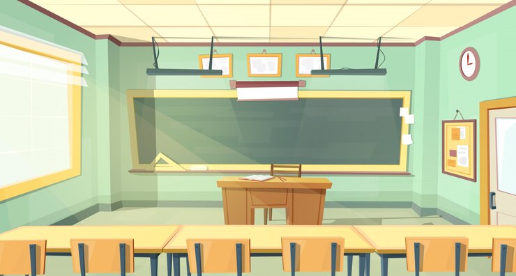 Vetor grátis fundo dos desenhos animados com sala de aula vazia, interior dentro