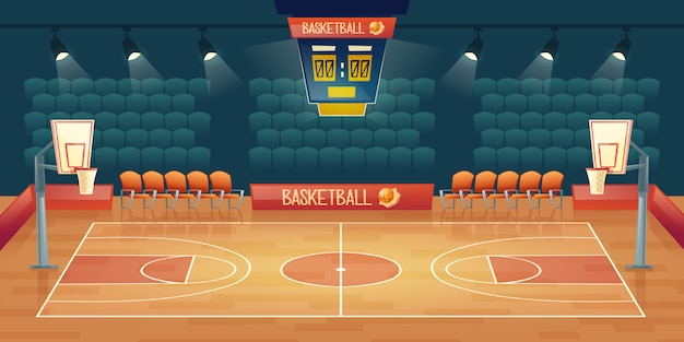 fundo dos desenhos animados da quadra de basquete vazia. Interior da arena esportiva com holofotes