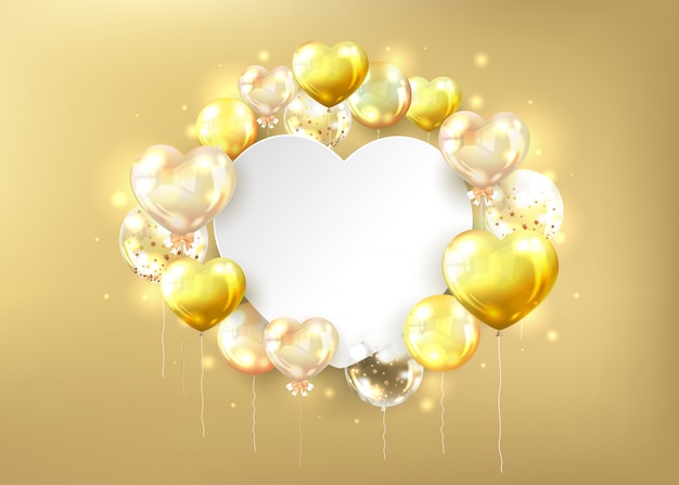Vetor grátis fundo dourado brilhante balões e espaço branco cópia em forma de coração