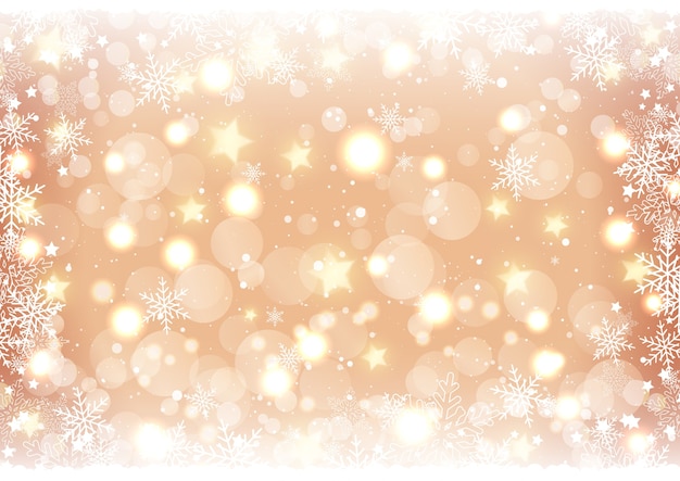 Fundo dourado de Natal com luzes e estrelas bokeh