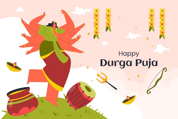 Vetor grátis fundo durga puja desenhado à mão