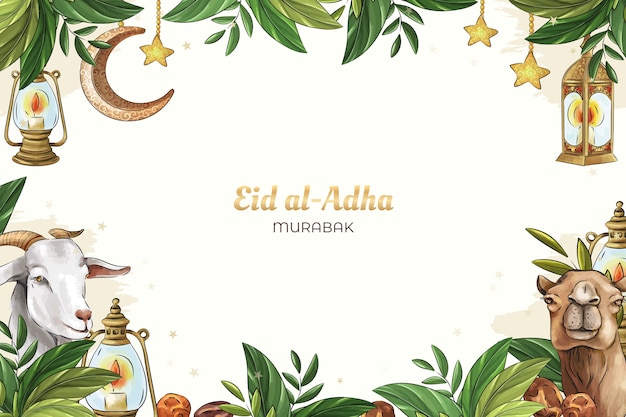 Fundo eid al-adha desenhado à mão com animais e folhas