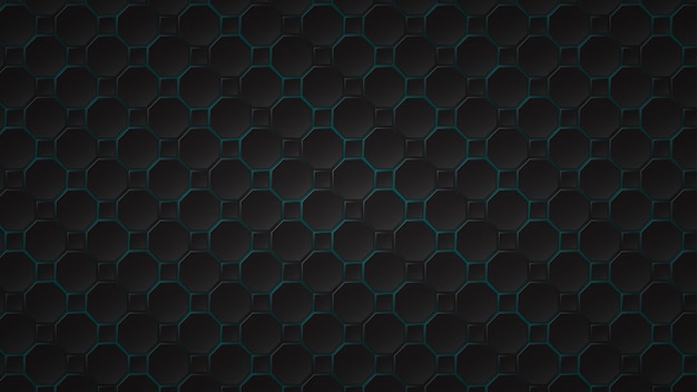 Fundo escuro abstrato de octógono preto e ladrilhos quadrados com lacunas em azul claro