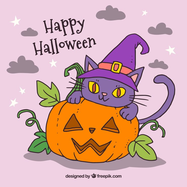 Vetor grátis fundo feliz de halloween com abóbora e gato
