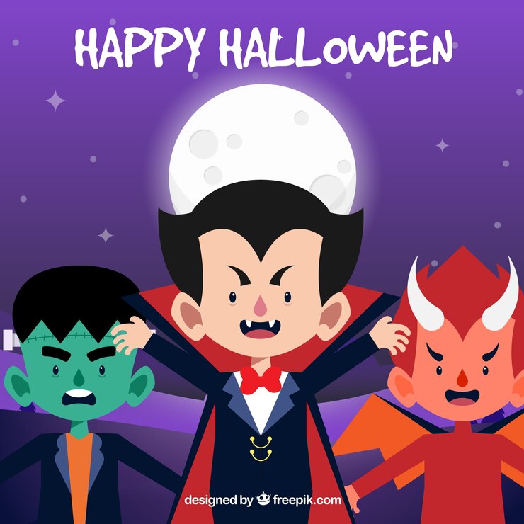 Vetor grátis fundo feliz de halloween com crianças disfarçadas