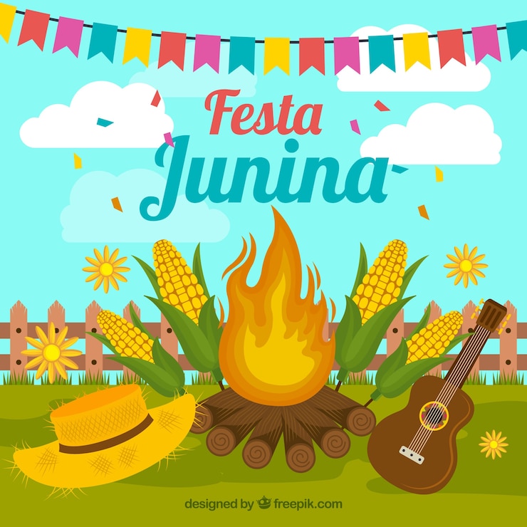 Vetor grátis fundo festa junina com fogueira e elementos