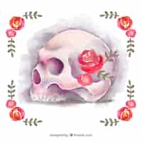 Vetor grátis fundo floral com crânio pintados com aquarela