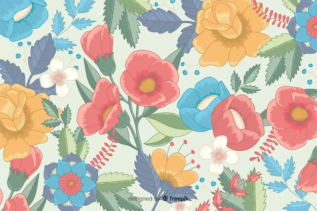 Fundo floral de mão desenhada bordado