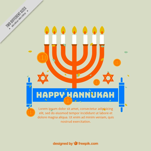 Vetor grátis fundo hanukkah plano com moedas e candelabros