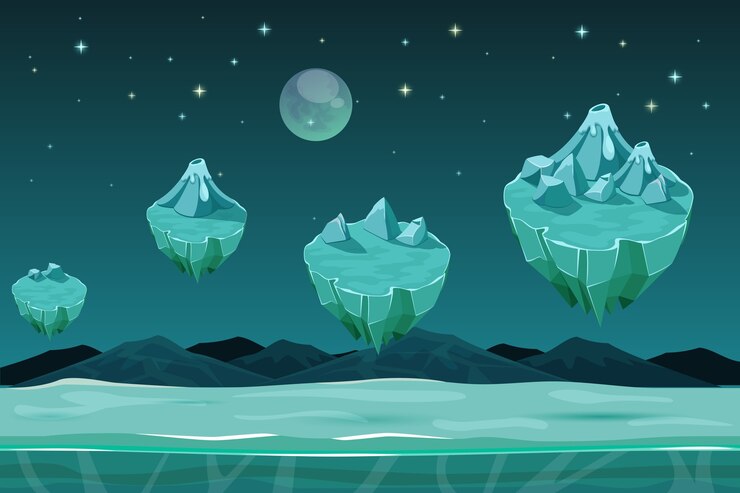 Vetor grátis fundo horizontal do planeta do jogo congelado, padrão de jogo com ilhas de gelo. jogo de paisagem natural, jogo de design de inverno com neve. plano de fundo do jogo de interface do usuário