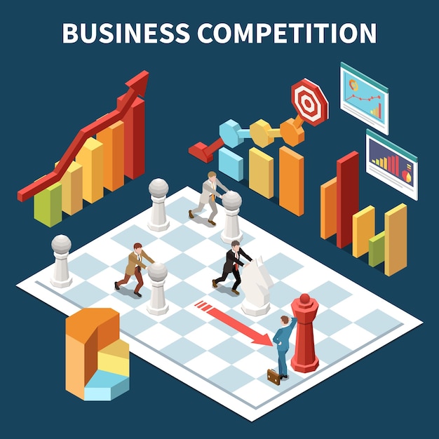 Fundo isométrico de competição de negócios com personagens de pequenos empresários movendo peças de xadrez em ilustração vetorial de tabuleiro de xadrez grande