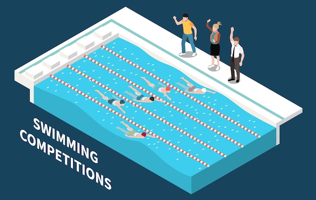 Vetor grátis fundo isométrico de competições de natação com treinadores dando instruções a vários atletas durante a ilustração do vetor de corrida de piscina