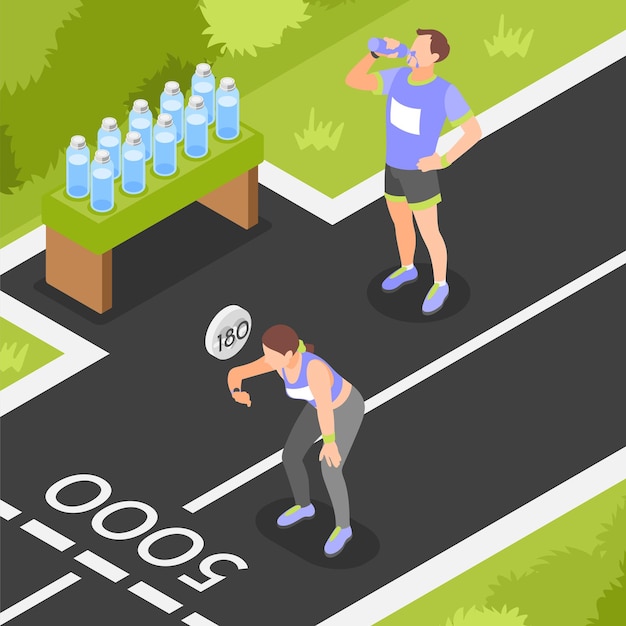 Vetor grátis fundo isométrico de corredores de maratona com atletas bebendo água e medindo pulso após ilustração vetorial de longa distância