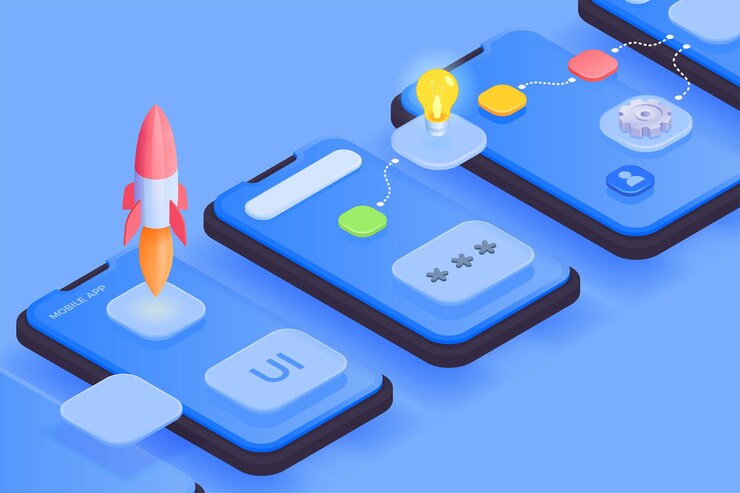 Vetor grátis fundo isométrico de desenvolvimento de aplicativos móveis com composição de telas de smartphones com ícones de aplicativos 3d e ilustração vetorial de conexões