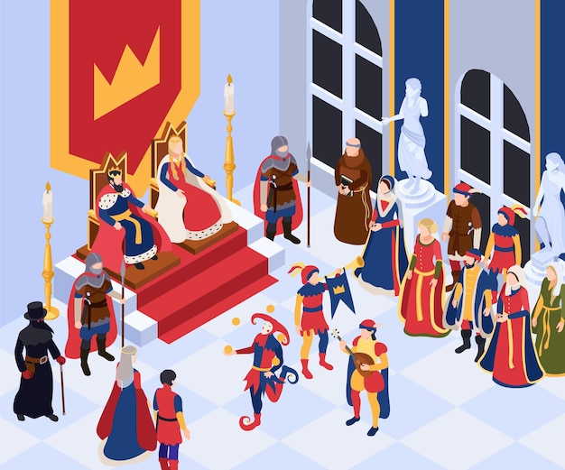 Fundo isométrico de personagens medievais com ilustração de rei e nobreza