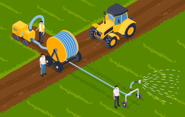 Fundo isométrico de sistemas de irrigação com bomba e máquina de tambor com ilustração vetorial de mangueira longa