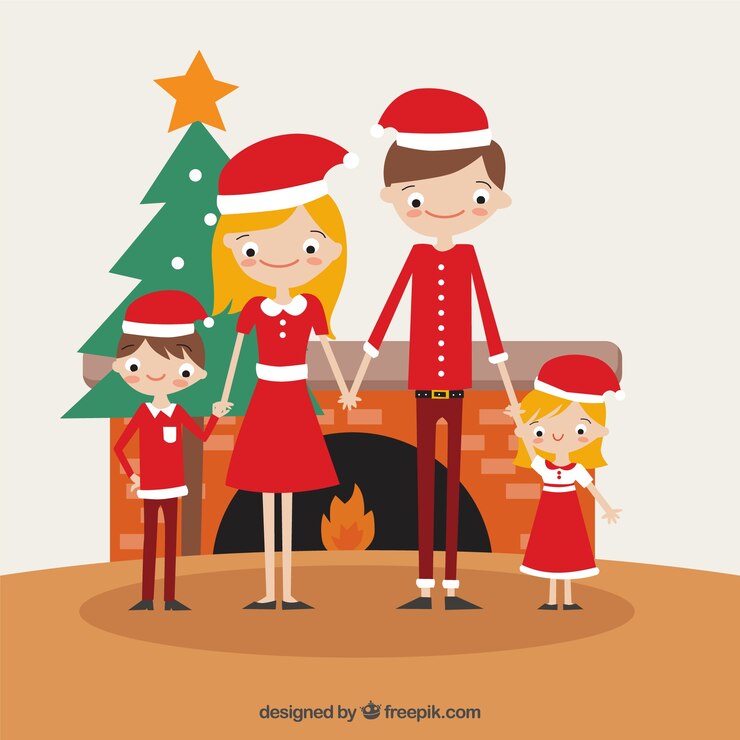 Vetor grátis fundo lareira com a família feliz e chapéu do natal
