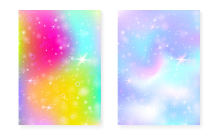 Vetor grátis fundo mágico com gradiente de arco-íris de princesa holograma de unicórnio kawaii conjunto de fadas holográfico capa de fantasia fluorescente fundo mágico com brilhos e estrelas para convite de festa de garota fofa