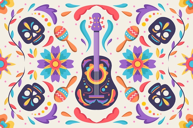 Fundo mexicano com caveiras e guitarra