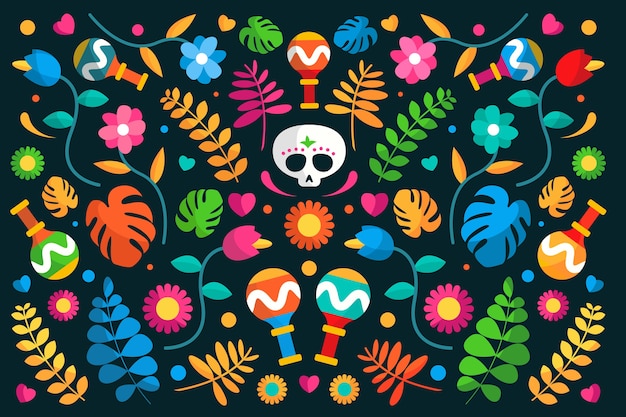 Fundo mexicano com flores e caveira