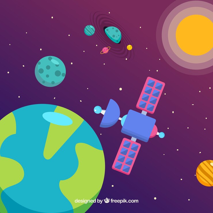 Vetor grátis fundo mundial com satélite e planetas