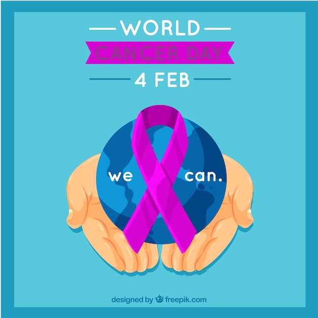 Vetor grátis fundo mundial do dia do câncer com as mãos segurando o globo