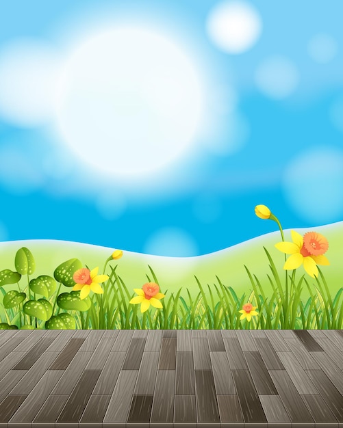 Fundo natural com campo de flores e grama verde