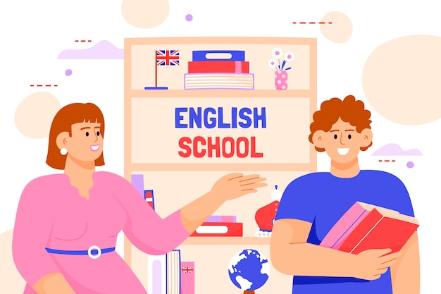 Vetor grátis fundo plano de escola de inglês desenhado à mão