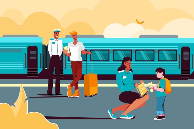 Fundo plano de trem público com passageiros com malas esperando trem moderno de alta velocidade na ilustração vetorial de plataforma