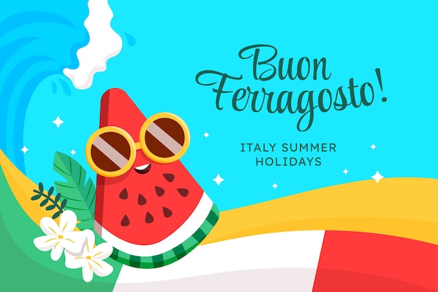 Fundo plano ferragosto com melancia e onda