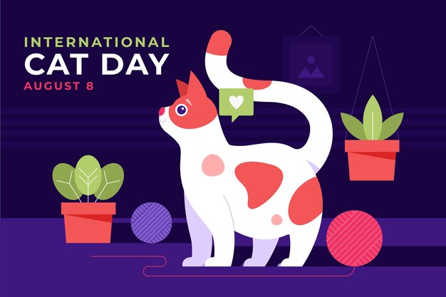 Fundo plano internacional do dia do gato com gato e plantas