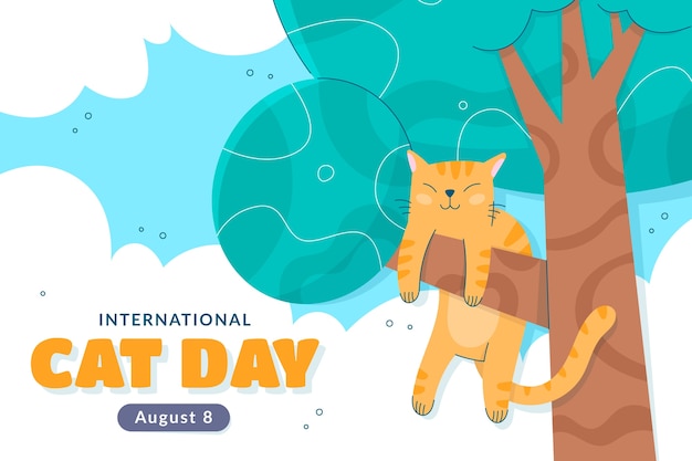 Vetor grátis fundo plano internacional do dia do gato com gato na árvore