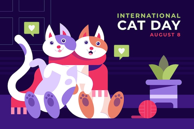 Vetor grátis fundo plano internacional do dia do gato com gatos e cachecol