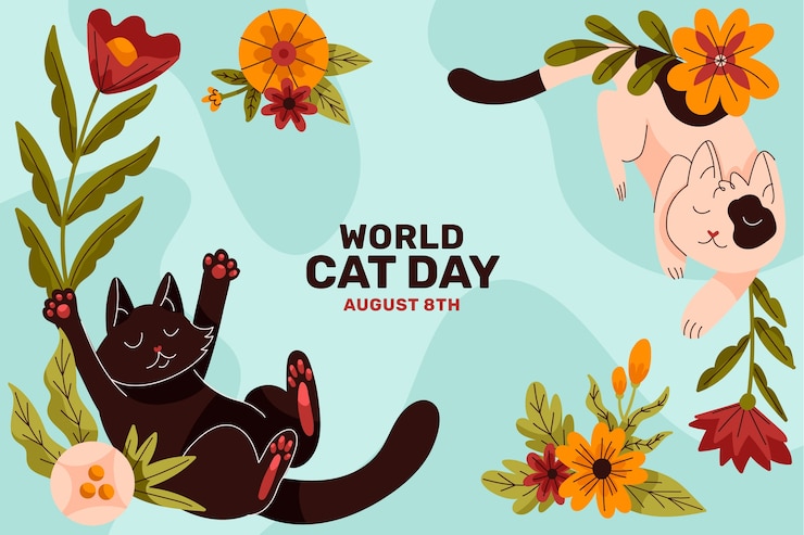 Vetor grátis fundo plano internacional do dia do gato com gatos e flores