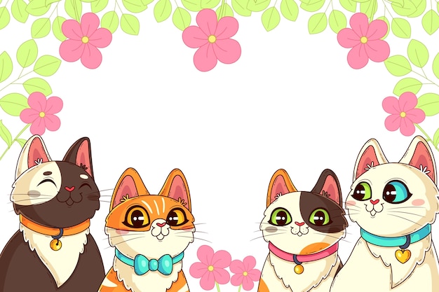 Fundo plano internacional do dia do gato com gatos e flores
