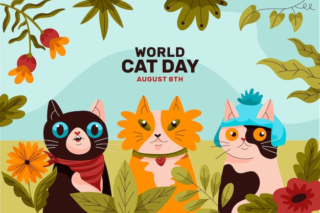 Vetor grátis fundo plano internacional do dia do gato com gatos e vegetação