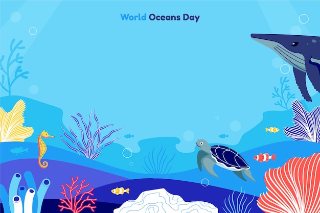 Fundo plano para o dia mundial dos oceanos com criaturas aquáticas