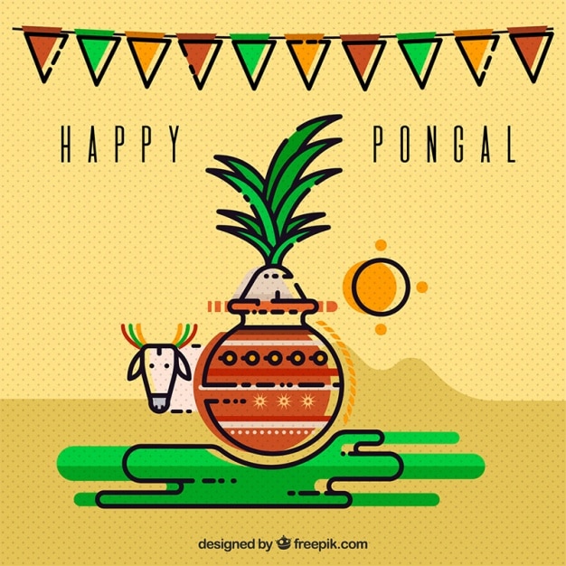 Fundo pongal minimalista com vaca e cana de açúcar