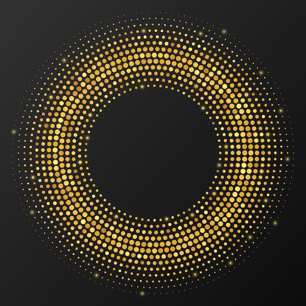 Fundo pontilhado de meio-tom brilhante ouro abstrato. padrão de glitter dourados em forma de círculo. pontos de meio-tom do círculo. ilustração vetorial Vetor Premium