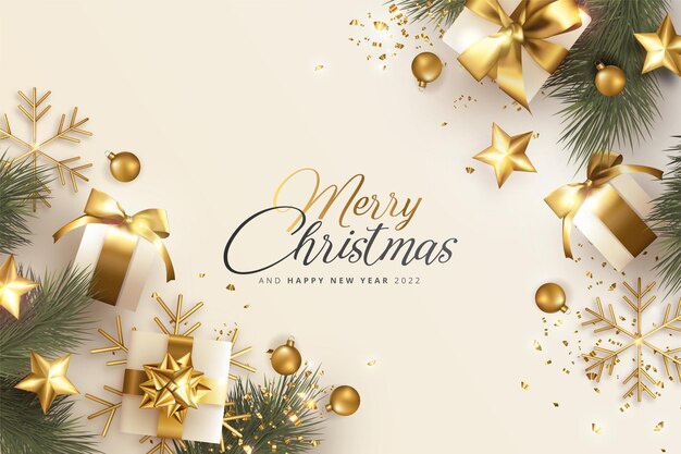 Fundo realista de feliz Natal com presentes e enfeites