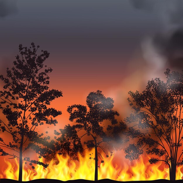 Fundo realista de incêndio florestal com fumaça de árvores em chamas e brilho vermelho no céu noturno ilustração vetorial