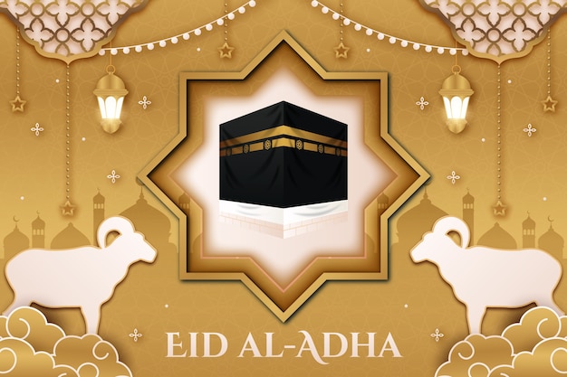 Fundo realista eid al-adha com meca e cabras