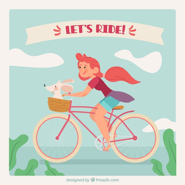 Fundo retro da menina na bicicleta com seu animal de estimação