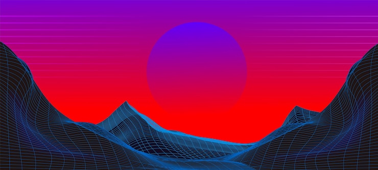Vetor grátis fundo retro de ondas sintéticas com pôr-do-sol rosa de néon