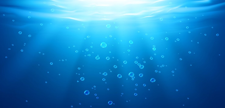 Vetor grátis fundo subaquático, superfície da água, oceano, mar, textura aqua transparente de piscina com bolhas de ar, ondulações e raios de sol caindo, modelo para publicidade. ilustração 3d realista